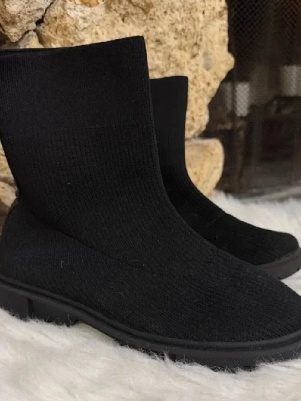 Black Knit Sock Boots Chunky Lug Sole Pull-On Ankle Boots Size 31